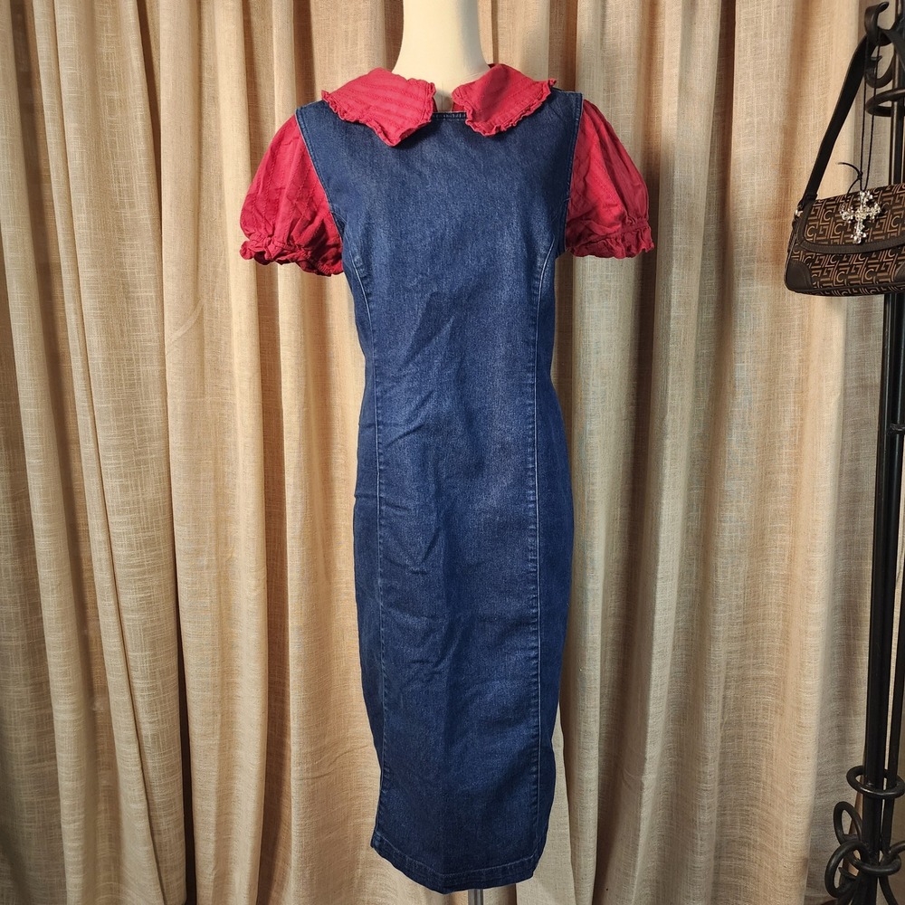 Expressions Denim Sheath Dress 14 Blue Cotton Blend Sleeveless Midi Round Neck